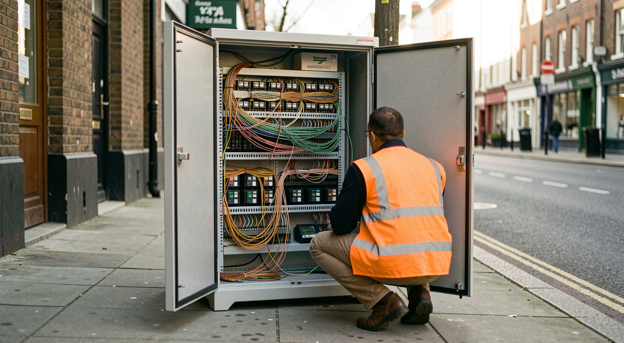 Armoire de raccordement opérateur ouverte sur un trottoir, faisceaux de fibres et modules empilés, technicien accroupi de dos en gilet orange, lumière du matin, cadrage large avec la rue en arrière-plan