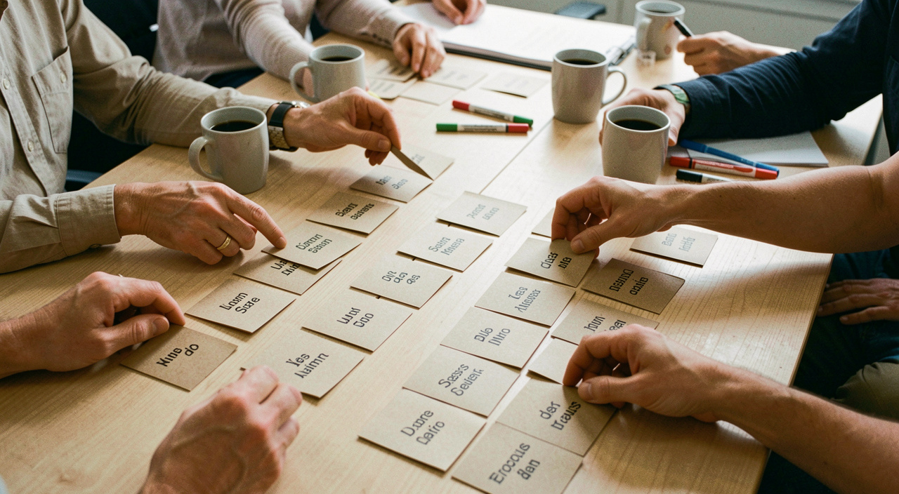 Atelier de travail autour d'une table couverte de fiches cartonnées portant des noms de processus, mains de participants déplaçant les fiches en colonnes, gobelets de café et feutres épars, lumière de salle de réunion, cadrage en plongée