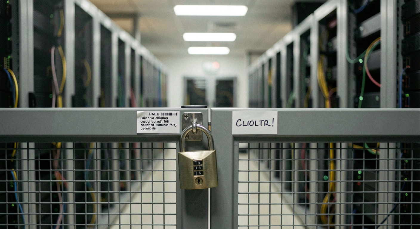 Baie de colocation partagée en deux moitiés par une cloison horizontale, cadenas à combinaison sur la porte grillagée du bas, étiquette de client collée sur le montant, allée de centre de données en arrière-plan flou, lumière froide, cadrage frontal