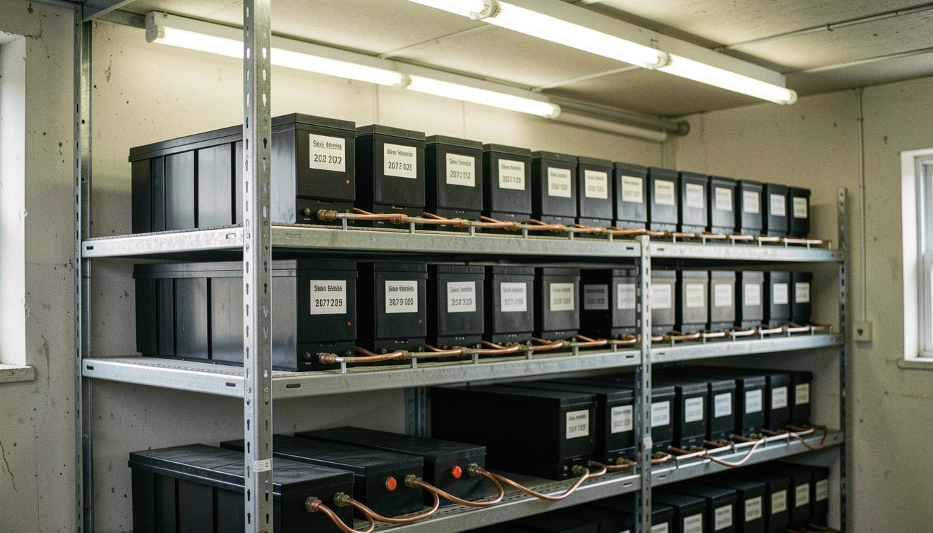 Banc de batteries plomb étanches alignées sur trois étagères métalliques dans un local technique, cosses reliées par des barrettes cuivre, étiquettes de date de mise en service collées sur chaque bloc, éclairage néon dur, cadrage de trois quarts