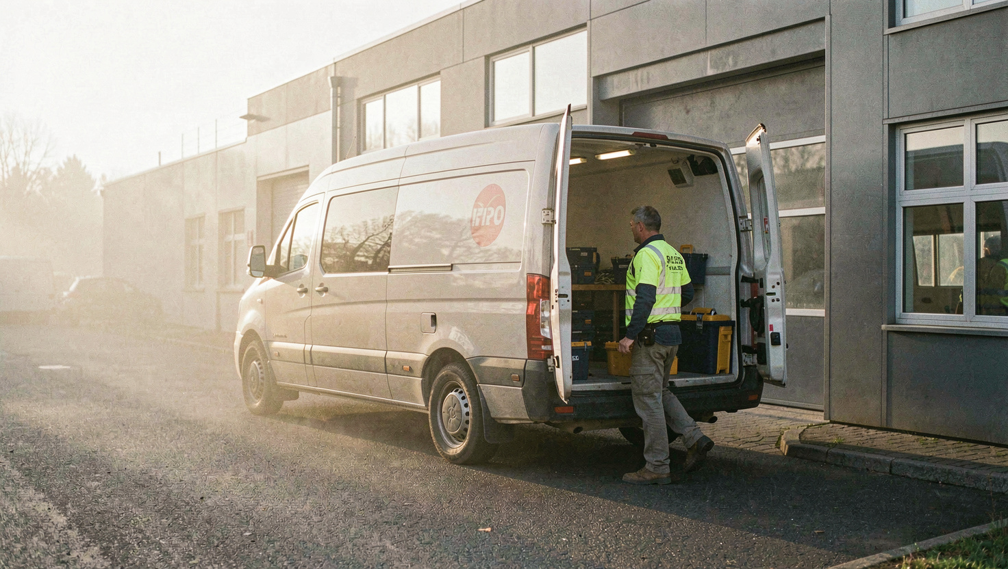 Fourgon d'intervention garé devant un bâtiment d'entreprise au petit matin, technicien en gilet réfléchissant sortant une caisse à outils par les portes arrière, brume légère et lumière rasante, cadrage large de trois quarts