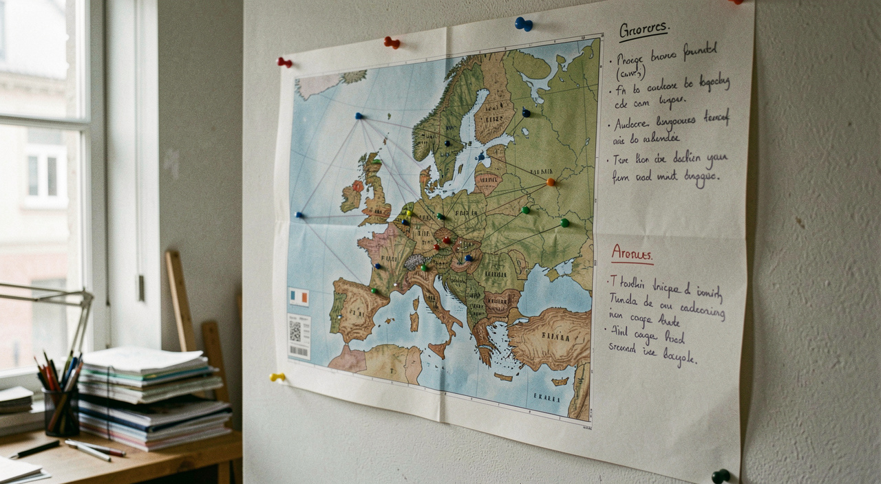 Carte d'Europe imprimée punaisée sur un mur de bureau, épingles de couleur marquant plusieurs villes reliées par un fil tendu, notes manuscrites collées en marge, lumière naturelle d'atelier, cadrage frontal légèrement décalé
