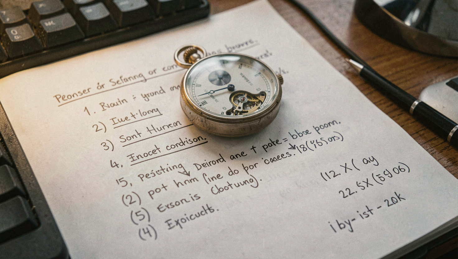 Chronomètre mécanique posé sur une procédure imprimée annotée au stylo, étapes numérotées et durées inscrites à la main dans la marge, coin de clavier visible en bord de cadre, lumière de lampe de bureau, gros plan en plongée