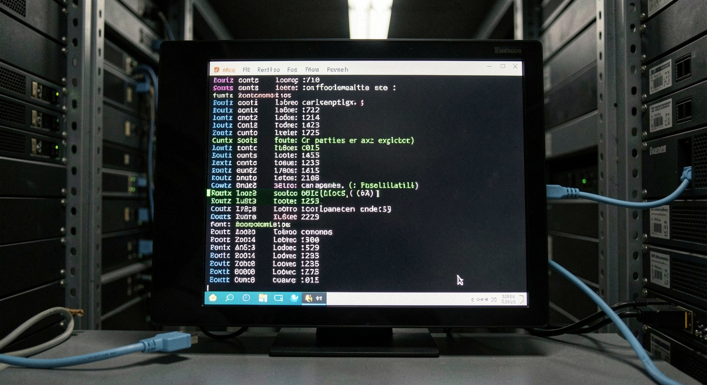 Écran de console affichant une configuration de routeur avec des lignes de préfixes et d'annonces, curseur positionné en milieu de bloc, câble console bleu clair partant du portable vers la baie hors champ, local technique sombre, cadrage frontal serré