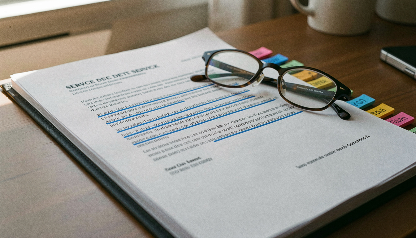 Contrat de service imprimé et relié posé sur un bureau, plusieurs paragraphes soulignés au stylo bleu et signets de couleur en marge, lunettes posées sur la page, lumière d'après-midi venant de la gauche, cadrage en plongée serré