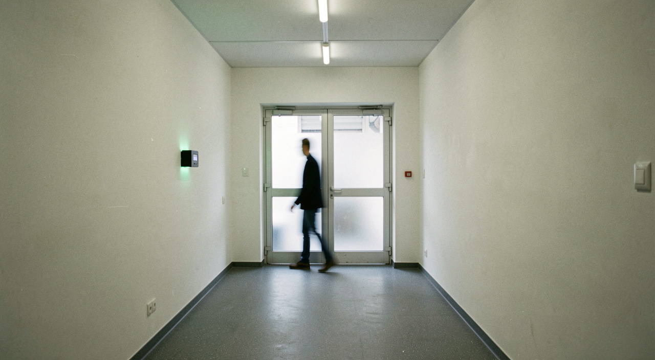 Couloir de salle blanche avec double porte à sas, lecteur de badge éclairé en vert au mur, sol résine gris, ligne de plafonniers en fuite, personne floue franchissant le sas, cadrage en perspective