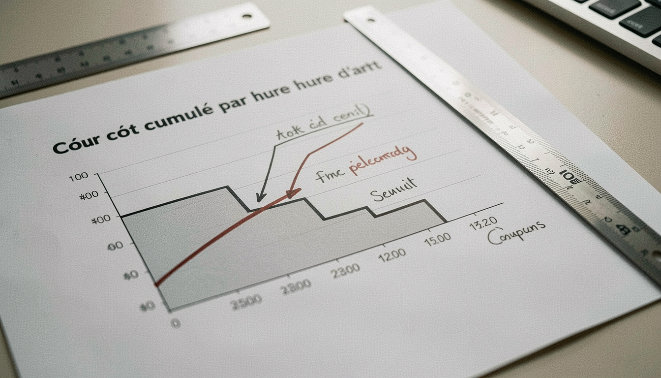 Graphique imprimé montrant une courbe de coût cumulé par heure d'arrêt avec trois marches successives, annotations manuscrites indiquant les seuils, règle et crayon posés sur la feuille, lumière de bureau, gros plan en plongée