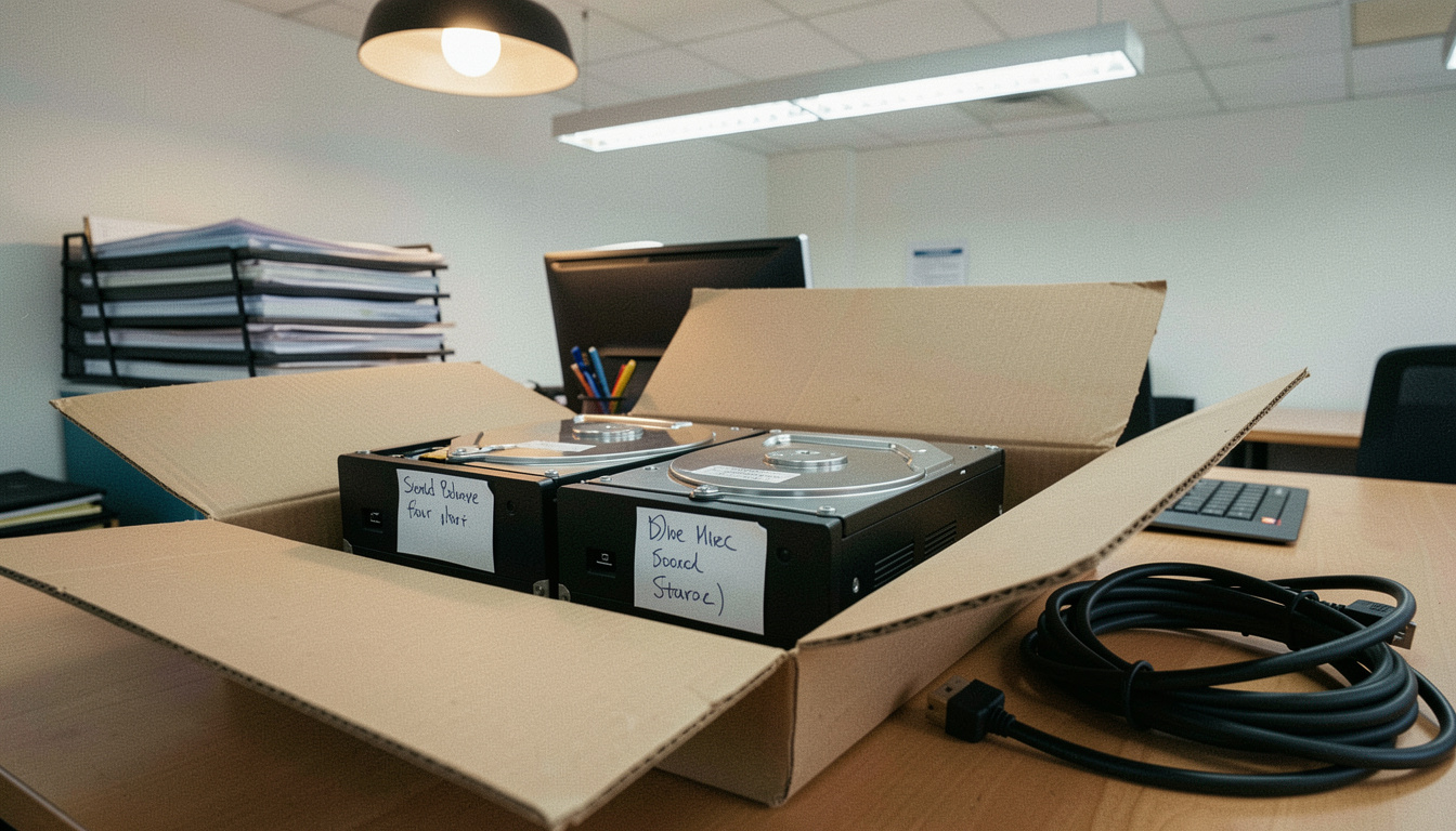 Deux disques durs externes posés sur un carton de transport ouvert dans un bureau, étiquettes manuscrites collées sur les boîtiers, câbles enroulés à côté, pile de dossiers en arrière-plan, lumière de plafonnier, cadrage en plongée serré