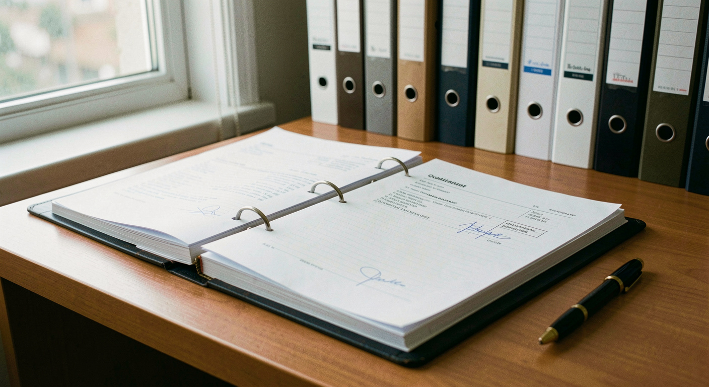 Dossier de qualification posé sur un bureau, chemise cartonnée ouverte sur des pages tamponnées et paraphées, classeurs alignés à l'arrière-plan, stylo plume posé sur la marge, lumière de fenêtre d'après-midi, cadrage en plongée serré