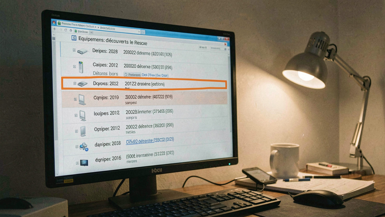 Écran affichant une liste d'équipements découverts sur le réseau avec adresses et dates de dernière détection, quelques lignes surlignées en orange, bureau de nuit avec lampe d'appoint, cadrage frontal serré