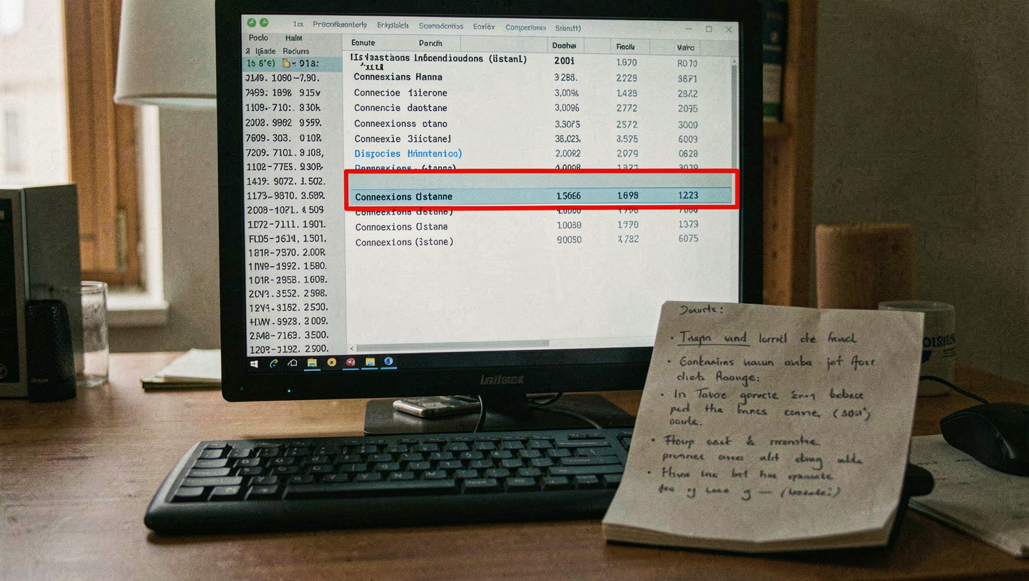 Écran affichant un journal de connexions distantes avec des lignes filtrées par compte et par heure, deux entrées nocturnes encadrées en rouge, bloc-notes annoté posé devant le clavier, bureau éclairé par la lueur de l'écran, cadrage frontal serré
