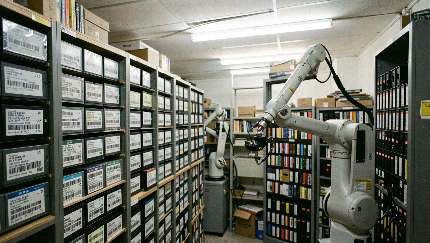 Librairie de bandes ouverte dans une salle serveur, rangée de cartouches LTO à étiquettes code-barres, bras robotisé au repos, éclairage néon blanc, cadrage frontal légèrement plongeant