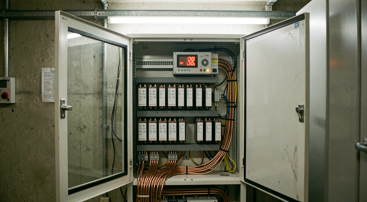 Armoire d'onduleur ouverte dans un local technique, afficheur allumé montrant la charge en pourcentage, rangées de batteries plomb visibles derrière une porte vitrée, câblage cuivre torsadé en partie basse, lumière de néon, cadrage frontal