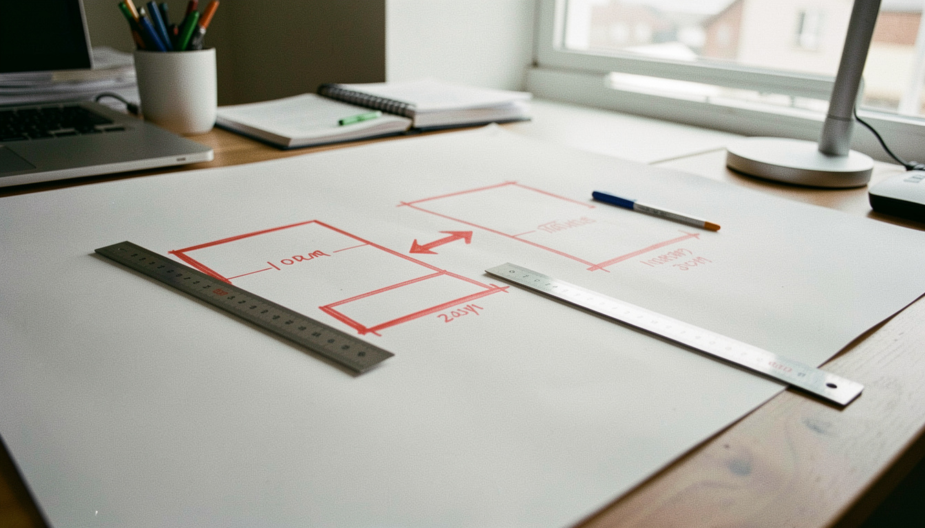 Plan d'implantation imprimé sur une table, deux emplacements de salles entourés au feutre rouge et reliés par une flèche annotée d'une distance, règle graduée posée en travers, lumière de bureau, cadrage en plongée serré