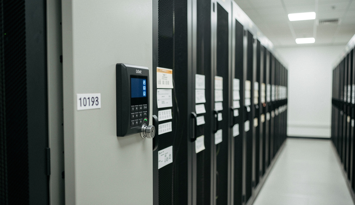 Rangée de serveurs en baie fermée par une porte à serrure électronique, scellé numéroté posé sur le montant, étiquettes d'inventaire alignées sur chaque châssis, allée de centre de données déserte, éclairage froid, cadrage frontal serré
