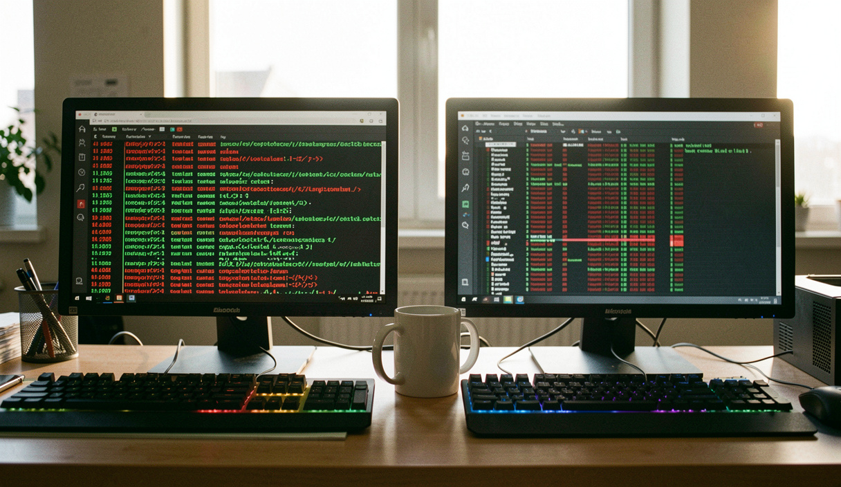 Console d'un serveur d'authentification affichant un flux de tentatives de connexion avec succès en vert et refus en rouge, deux écrans côte à côte sur un bureau technique, mug posé entre les claviers, lumière de fin de journée, cadrage frontal