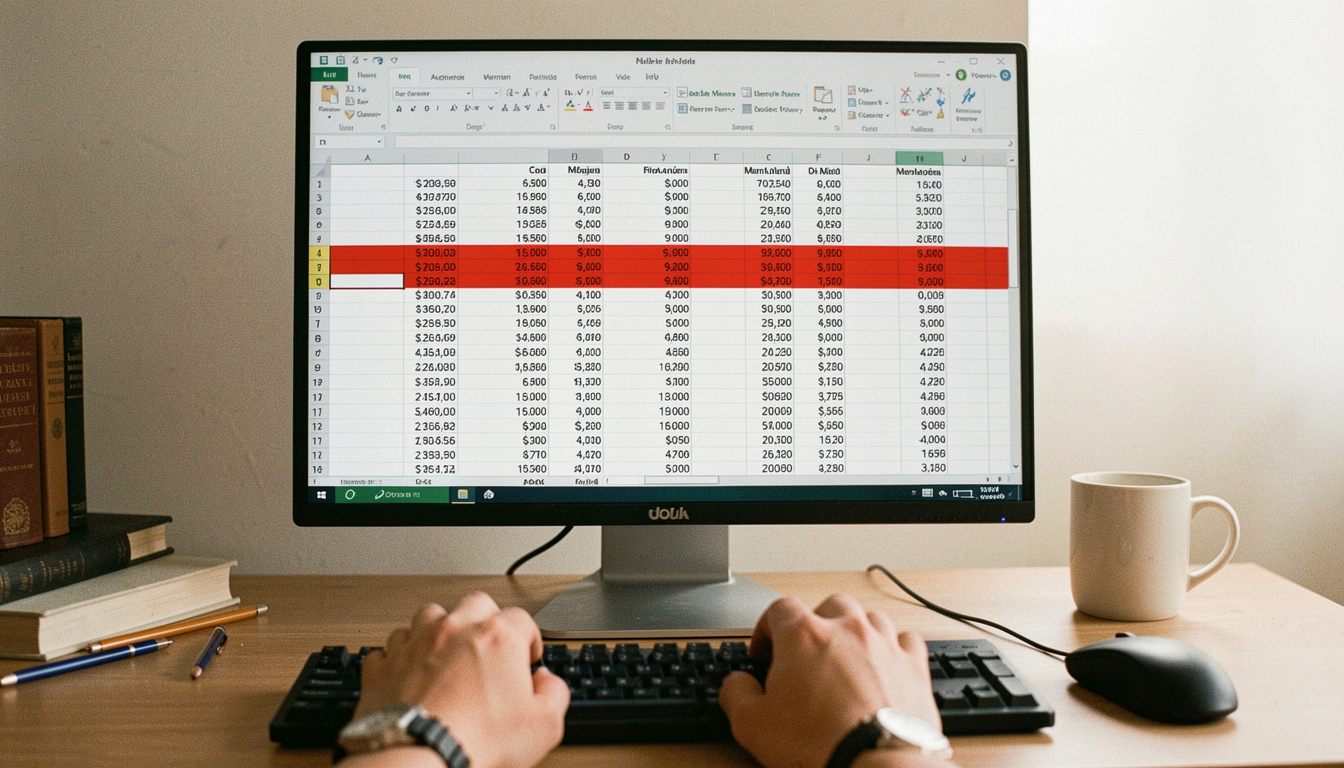 Tableur affiché en plein écran sur un moniteur de bureau, colonnes de coûts mensuels avec une ligne de transfert mise en évidence en rouge, mains sur le clavier en bas du cadre, bureau de fin de journée, cadrage frontal