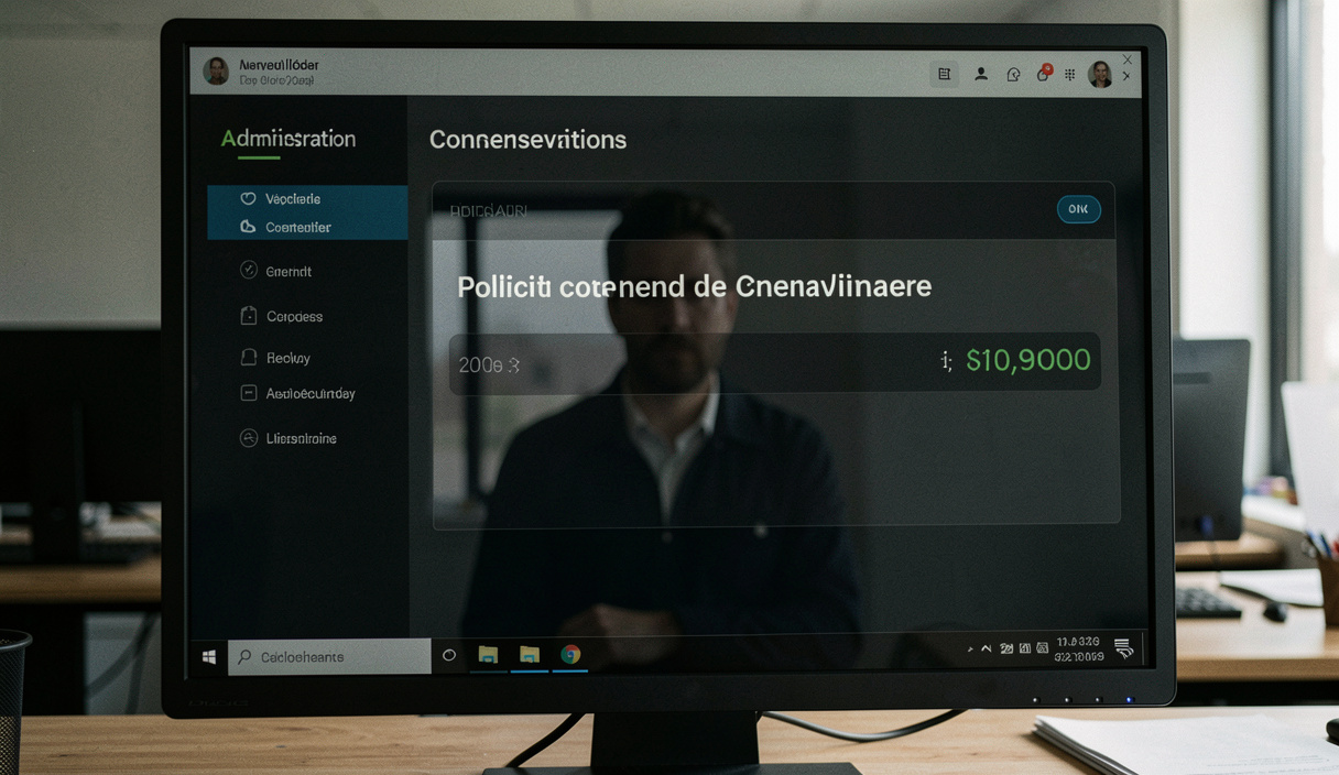 Écran d'administration affichant une politique de conservation avec une date de verrouillage et un compteur de jours restants, bureau sombre, reflet du technicien sur la vitre de l'écran, cadrage frontal serré